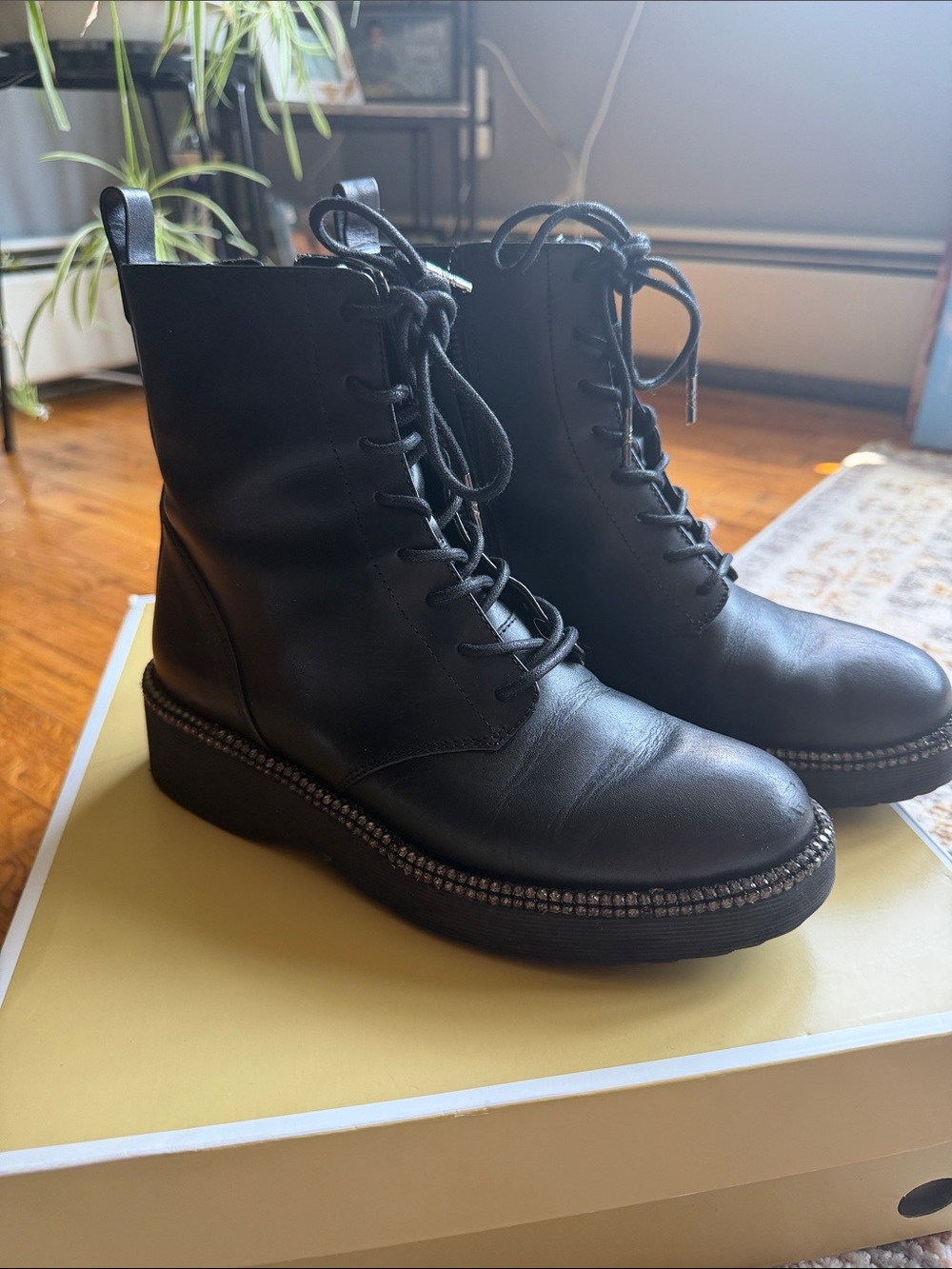 Michael Kors Black Lace-Up Platform Combat Boots with Studded Welt